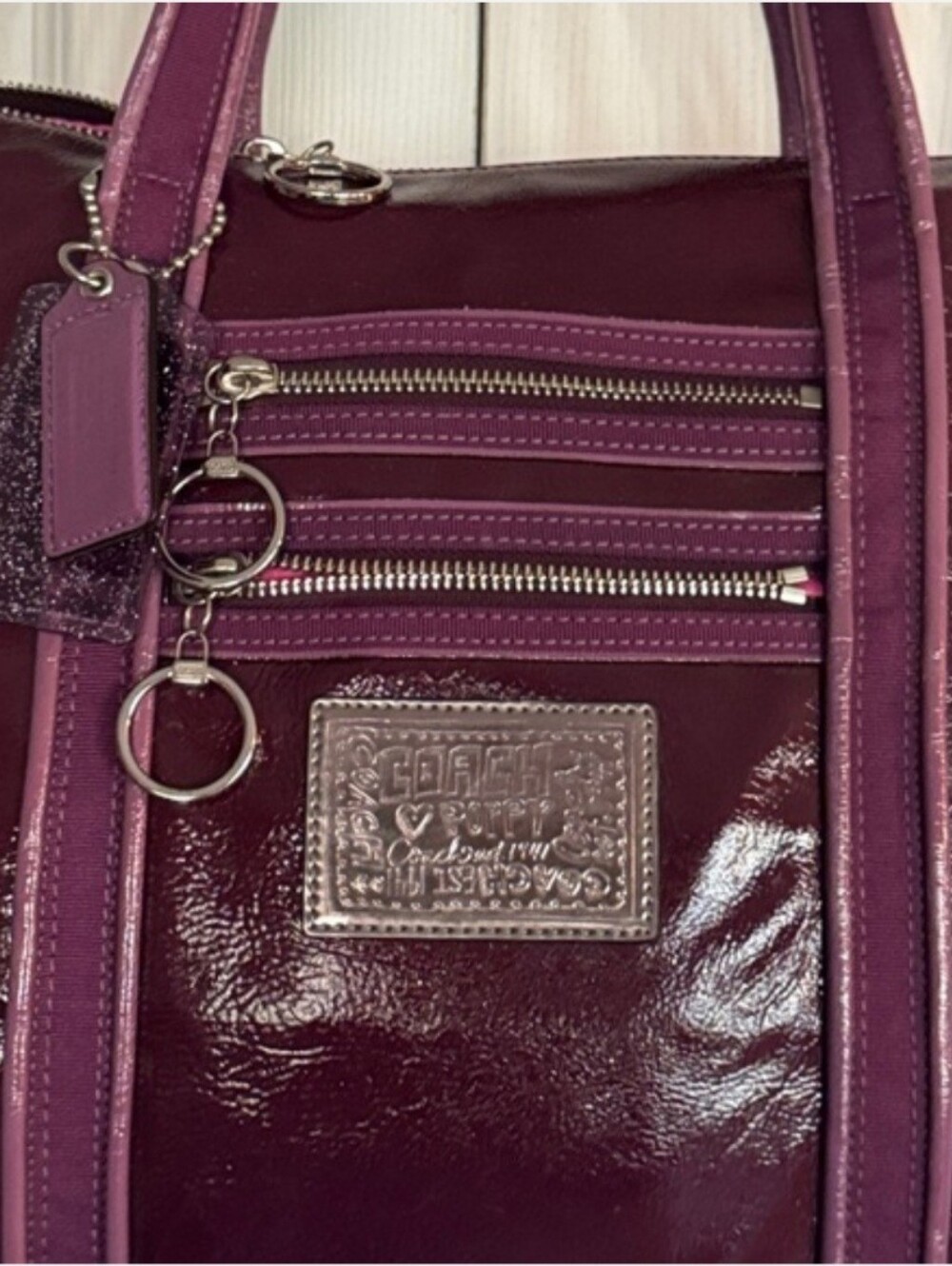 Coach Patent Leather Tote in Plum and Lavender - Picture 2 of 7